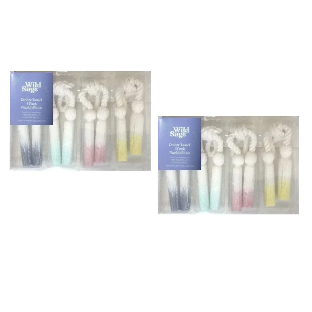 8 Wild Sage Colorful Ombre Rope Tassel Napkin Rings White Yellow Pink Blue Green